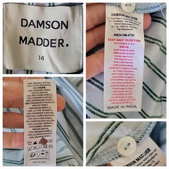 Damson Madder Barbara Steifen Pajama Top 14 Blue Green Stripe Organic Cotton - Picture 13 of 13